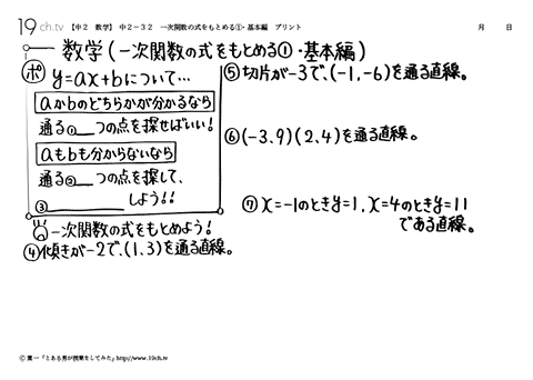 一次関数の式をもとめる①・基本編