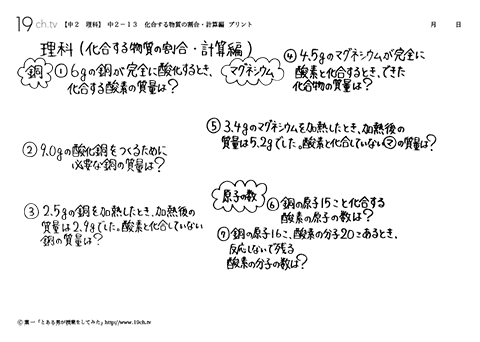 化合する物質の割合　・計算編